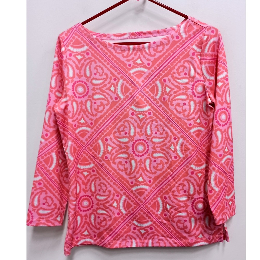 Vineyard Vines Top Womens Small Pink Geometric Paisley Performance 3/4 Sleeve
